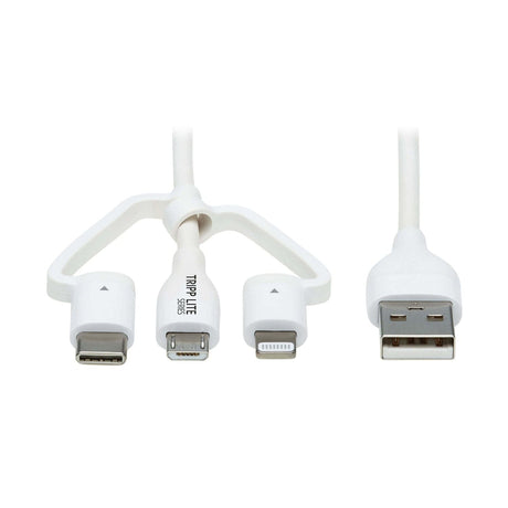 Tripp Lite by Eaton Safe-IT Universal USB-A to Lightning, USB Micro-B, and USB-C Charge and Sync Antibacterial Cable, White, 4 Ft.