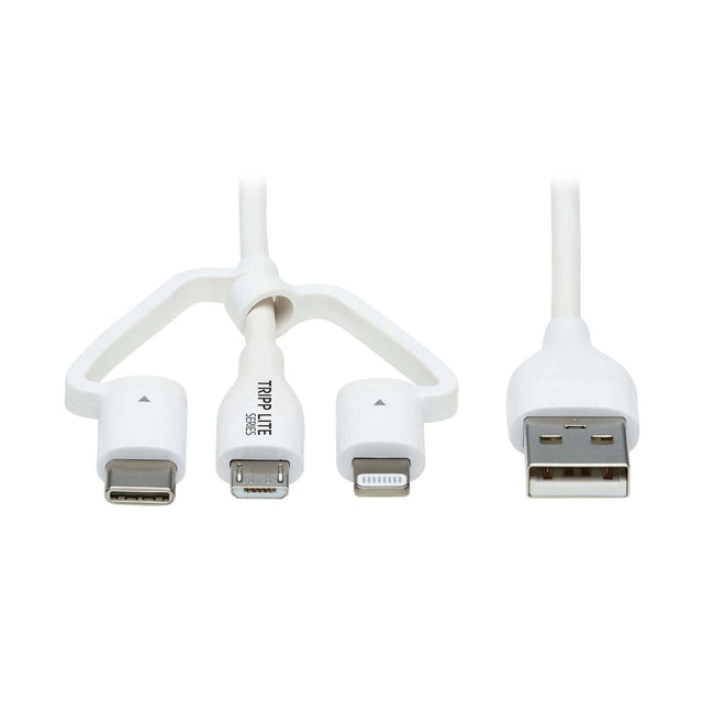Tripp Lite by Eaton Safe-IT Universal USB-A to Lightning, USB Micro-B, and USB-C Charge and Sync Antibacterial Cable, White, 4 Ft.