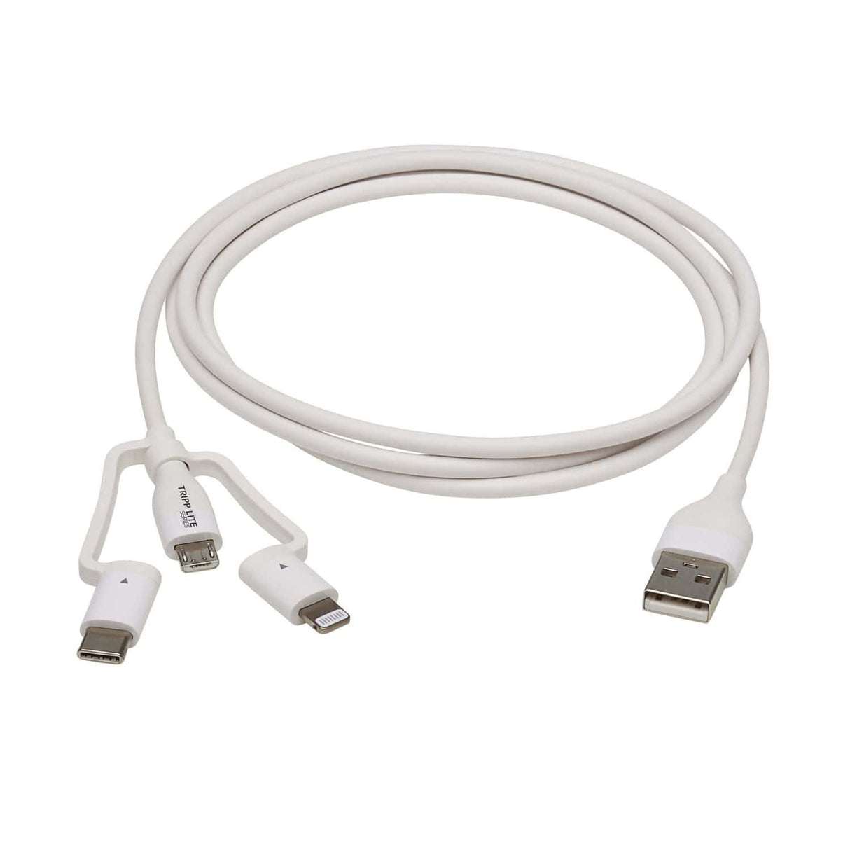Tripp Lite by Eaton Safe-IT Universal USB-A to Lightning, USB Micro-B, and USB-C Charge and Sync Antibacterial Cable, White, 4 Ft.