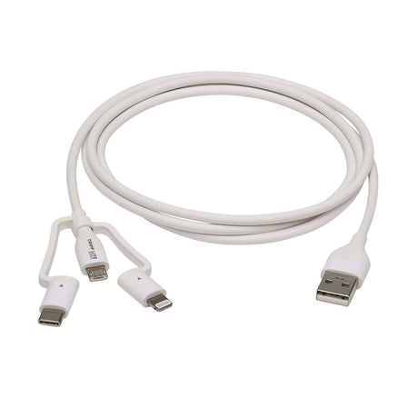 Tripp Lite by Eaton Safe-IT Universal USB-A to Lightning, USB Micro-B, and USB-C Charge and Sync Antibacterial Cable, White, 4 Ft.