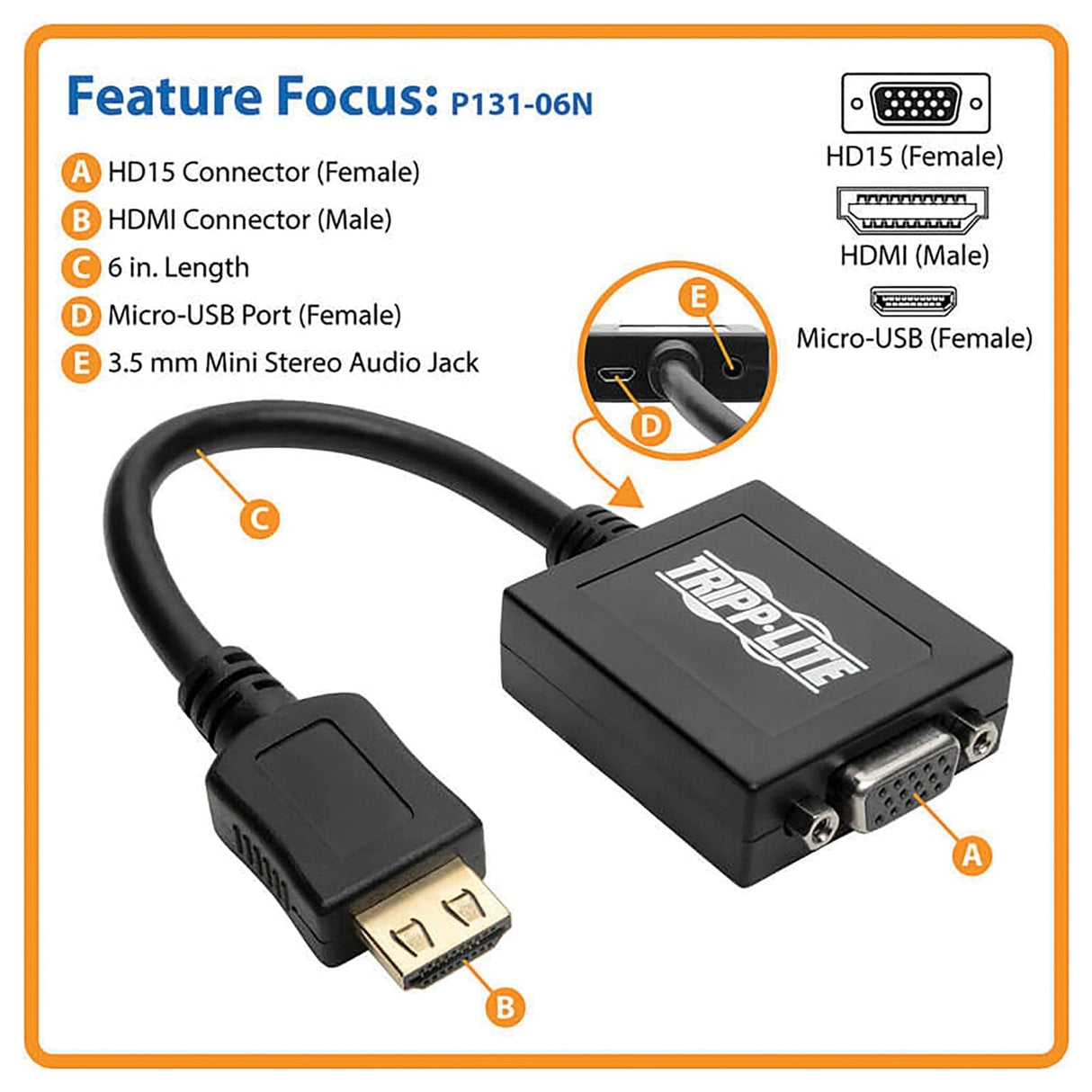 Tripp Lite by Eaton 1900 x 1200 HDMI Male to VGA Female Converter Cable Adapter with 3.5-mm Stereo Audio Jack, 6 In., Black, P131-06N