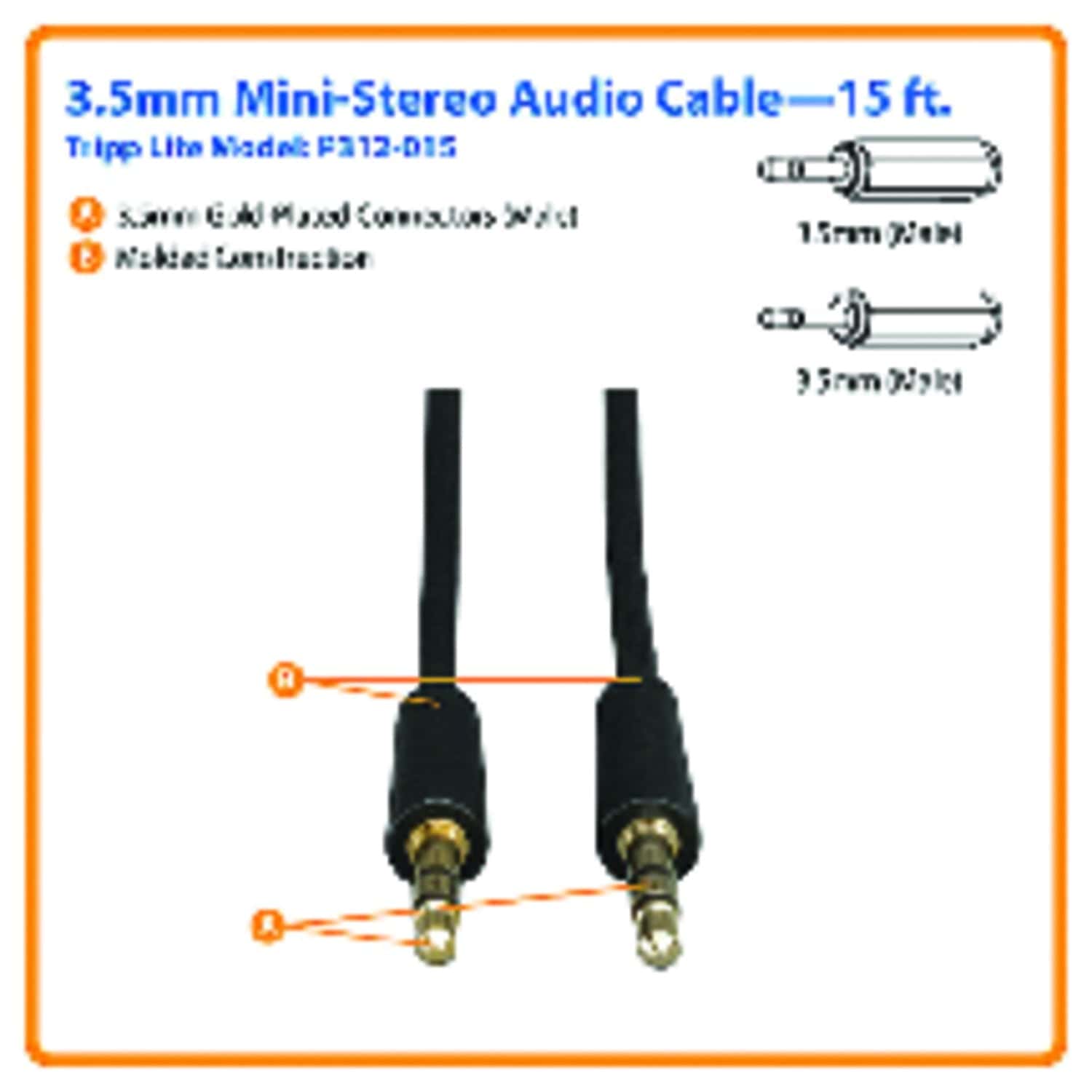 Tripp Lite by Eaton 3.5-mm Male/Male Stereo Cable for Microphones, Speakers, and Headphones, Black, 15 Ft.