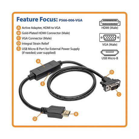 Tripp Lite by Eaton 1900 x 1200 at 60 Hz HDMI Male to VGA Male Low-Profile Active Adapter Cable, 6 Ft., Black, P566-006-VGA
