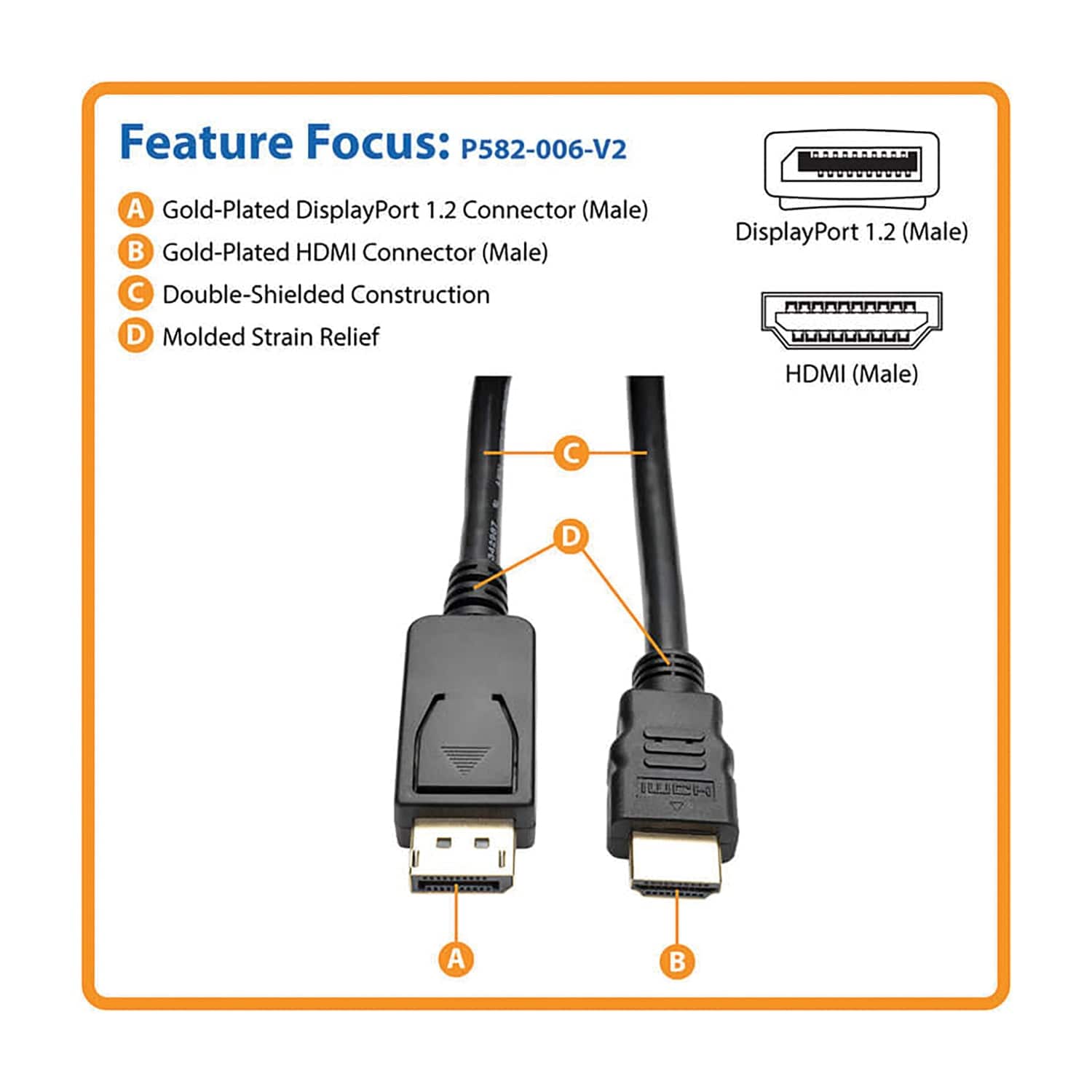 Tripp Lite by Eaton 4K at 30 Hz DisplayPort 1.2 Male with Latch to HDMI Male Adapter Cable, 6 Ft., Black, P582-006-V2