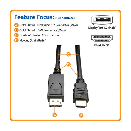 Tripp Lite by Eaton 4K at 30 Hz DisplayPort 1.2 Male with Latch to HDMI Male Adapter Cable, 6 Ft., Black, P582-006-V2