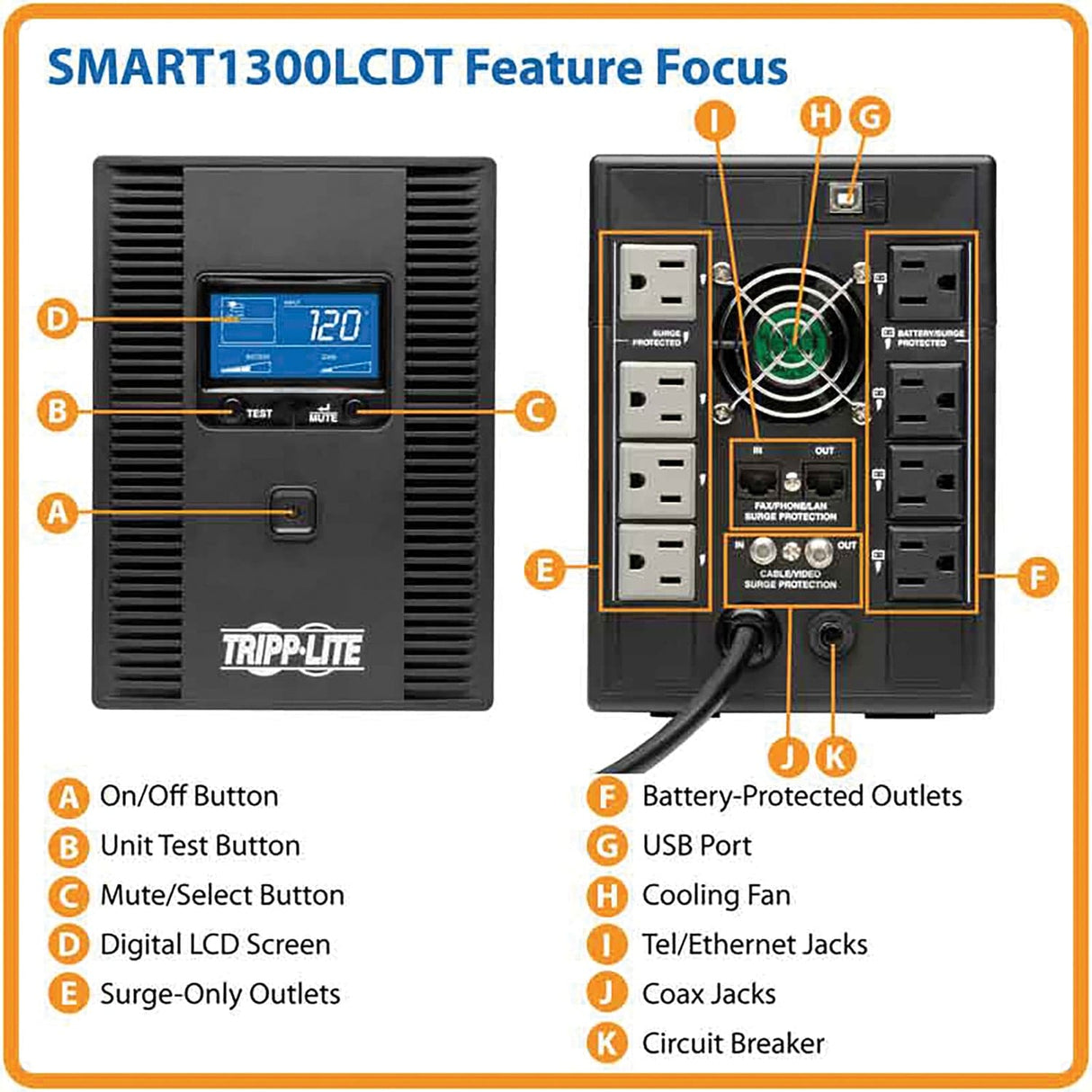 Tripp Lite by Eaton 8-AC Outlet and Telco/LAN/Coax 1300-VA/720-Watt Line-Interactive SmartPro UPS Tower with 650 Joules, AVR, and 6-Ft. Cord