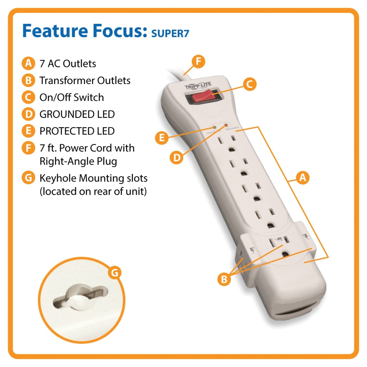 Tripp Lite by Eaton 7-AC Outlet 2160 Joules Protect It! Surge Protector Power Strip with Right-Angle Plug, 7 Ft., Light Gray