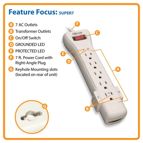 Tripp Lite by Eaton 7-AC Outlet 2160 Joules Protect It! Surge Protector Power Strip with Right-Angle Plug, 7 Ft., Light Gray