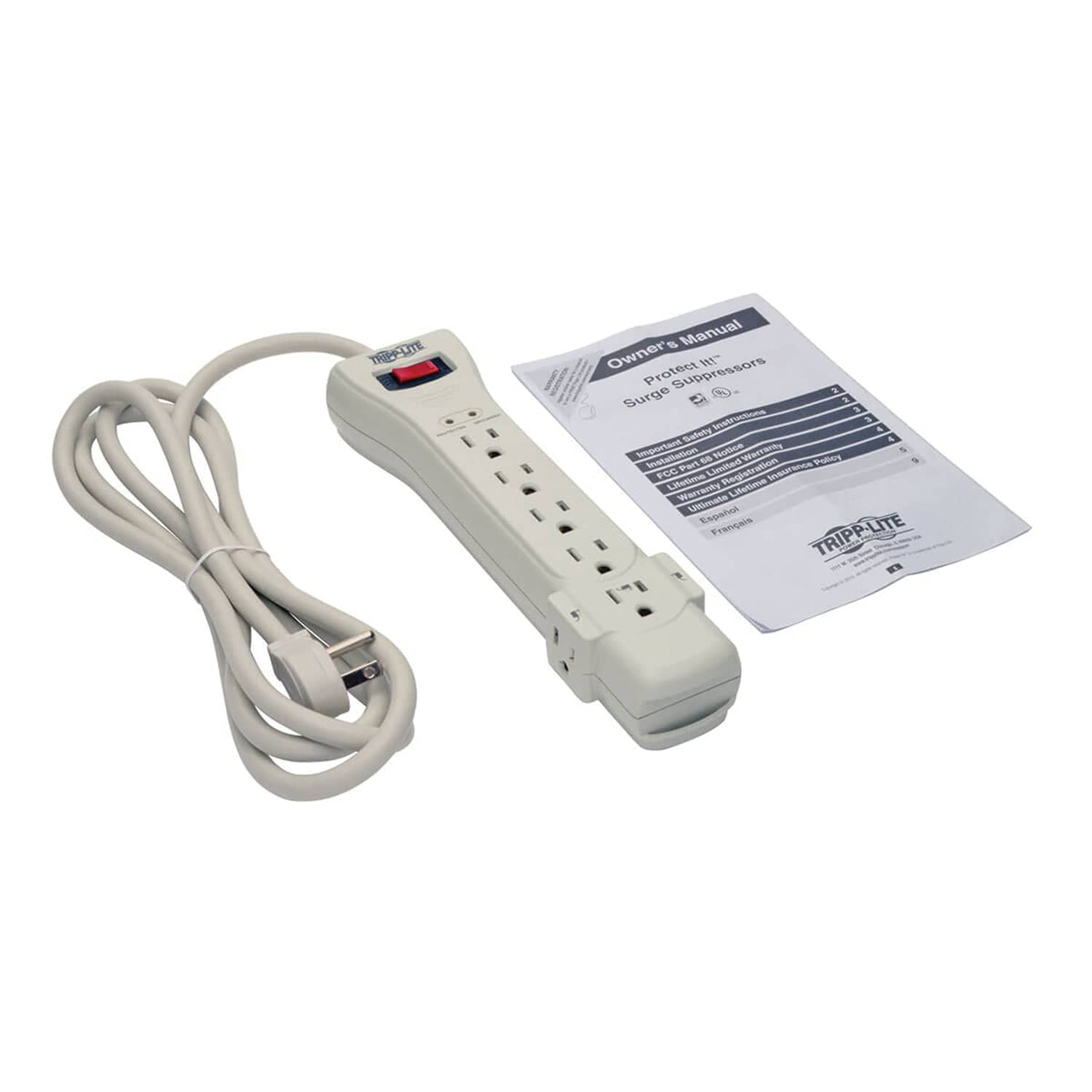 Tripp Lite by Eaton 7-AC Outlet 2160 Joules Protect It! Surge Protector Power Strip with Right-Angle Plug, 7 Ft., Light Gray