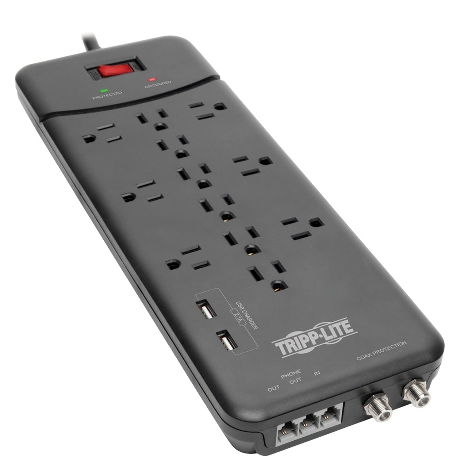 Tripp Lite by Eaton 12-AC Outlet, 2-USB Port, Telco, and Coax 4320-Joules Protect It! Surge Protector Power Strip, 8-Ft. Cord, TLP128TTUSBB