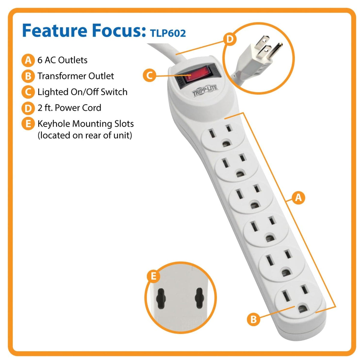 Tripp Lite by Eaton 6-AC Outlet 180-Joules Protect It! Home Computer Surge Protector Power Strip, 2-Ft. Cord with Straight Plug, TLP602