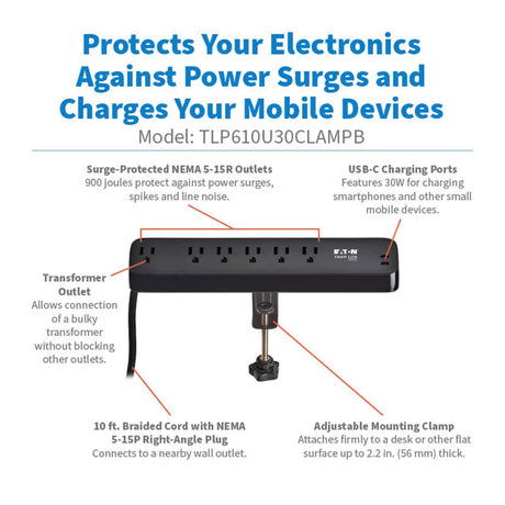 Tripp Lite by Eaton 6-AC Outlet and 2-USB Port 900-Joules Protect It Desk Clamp Surge Protector Power Strip, 10-Ft. Braided Cord, TLP610U30CLAMPB