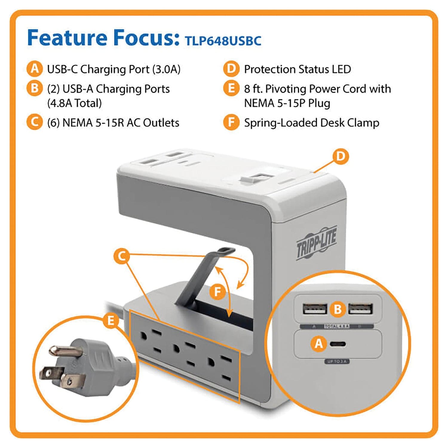 Tripp Lite by Eaton 6-AC Outlet and 3-USB Port 1080-Joules Protect It! Surge Protector Desk Clamp, 8-Ft. Pivoting Cord, TLP648USBC