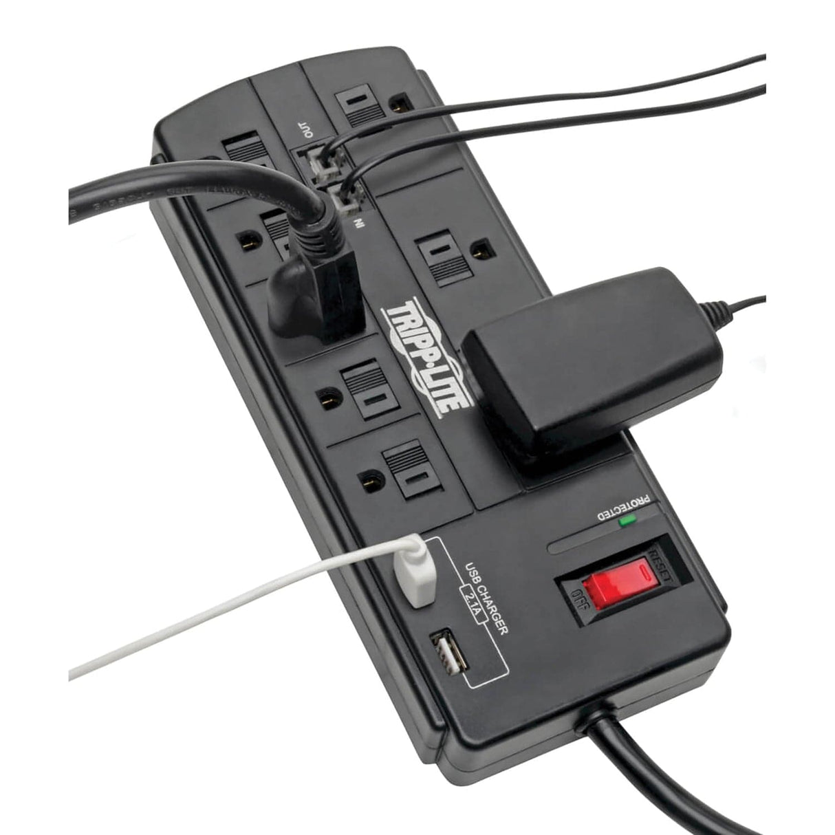 Tripp Lite by Eaton 8-AC Outlet, 2-USB Port, and Telco 1200-Joules Protect It! Surge Protector Power Strip with Safety Covers, 8-Ft. Cord