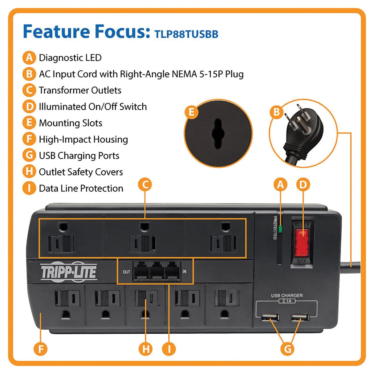 Tripp Lite by Eaton 8-AC Outlet, 2-USB Port, and Telco 1200-Joules Protect It! Surge Protector Power Strip with Safety Covers, 8-Ft. Cord