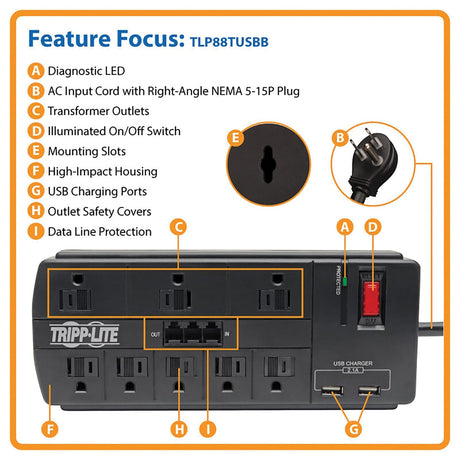 Tripp Lite by Eaton 8-AC Outlet, 2-USB Port, and Telco 1200-Joules Protect It! Surge Protector Power Strip with Safety Covers, 8-Ft. Cord