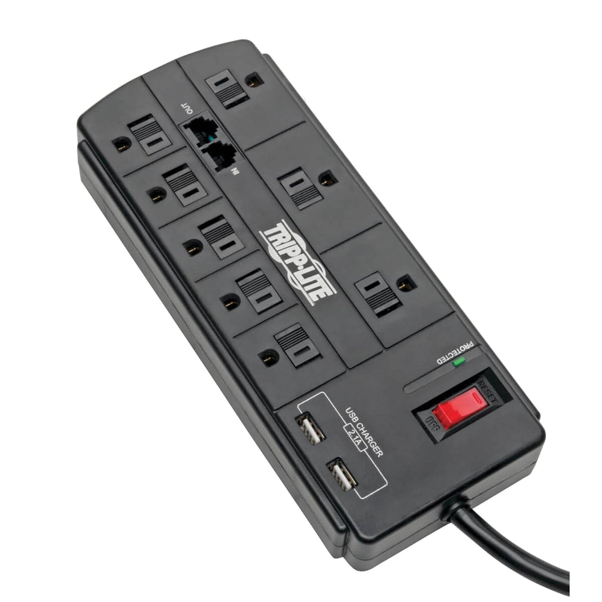 Tripp Lite by Eaton 8-AC Outlet, 2-USB Port, and Telco 1200-Joules Protect It! Surge Protector Power Strip with Safety Covers, 8-Ft. Cord