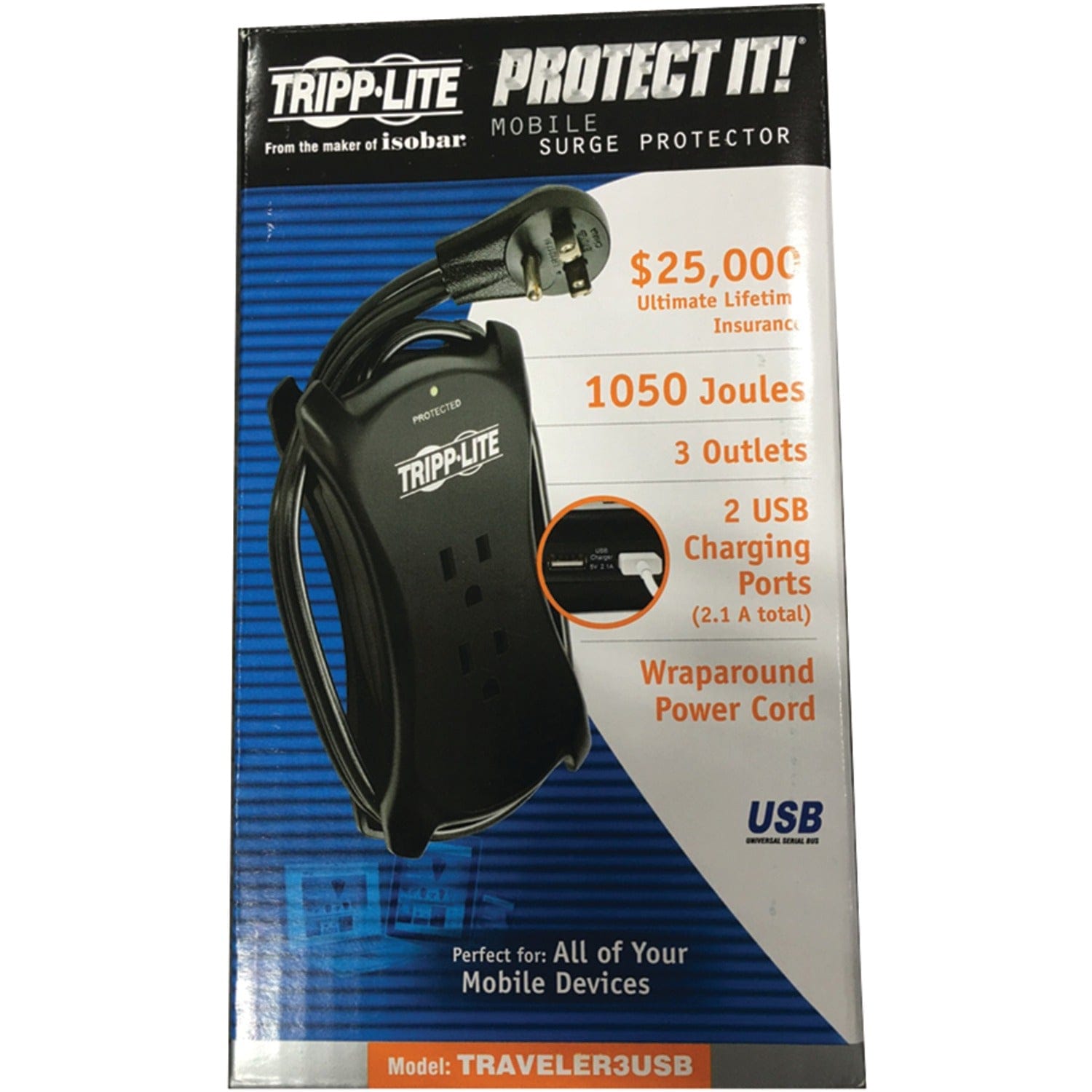 Tripp Lite by Eaton 3-AC Outlet and 2-USB Port 1050-Joules Protect It! Travel-Size Surge Protector Power Strip, 18-In. Cord, TRAVELER3USB
