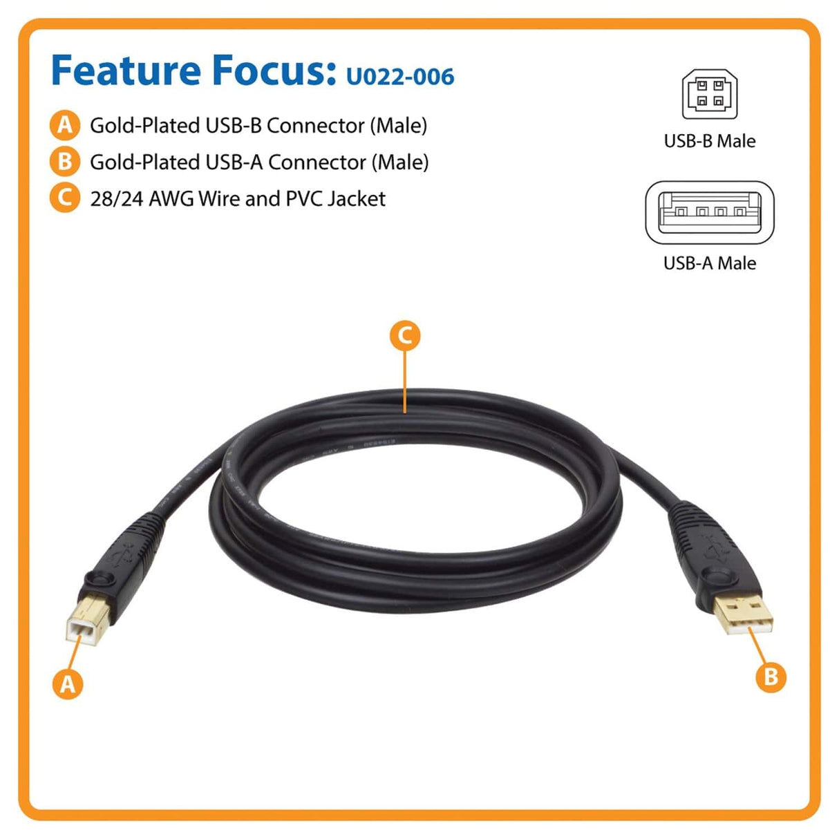 Tripp Lite by Eaton USB 2.0 Peripheral Cable, A Male/B-Male Gold-Plated Connectors, Black, 6 Ft.
