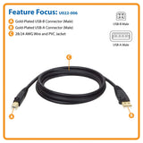 Tripp Lite by Eaton USB 2.0 Peripheral Cable, A Male/B-Male Gold-Plated Connectors, Black, 6 Ft.