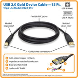 Tripp Lite by Eaton USB 2.0 Peripheral Cable, A Male/B-Male Gold-Plated Connectors, Black, 15 Ft.