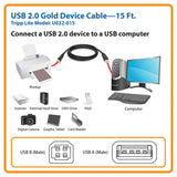 Tripp Lite by Eaton USB 2.0 Peripheral Cable, A Male/B-Male Gold-Plated Connectors, Black, 15 Ft.