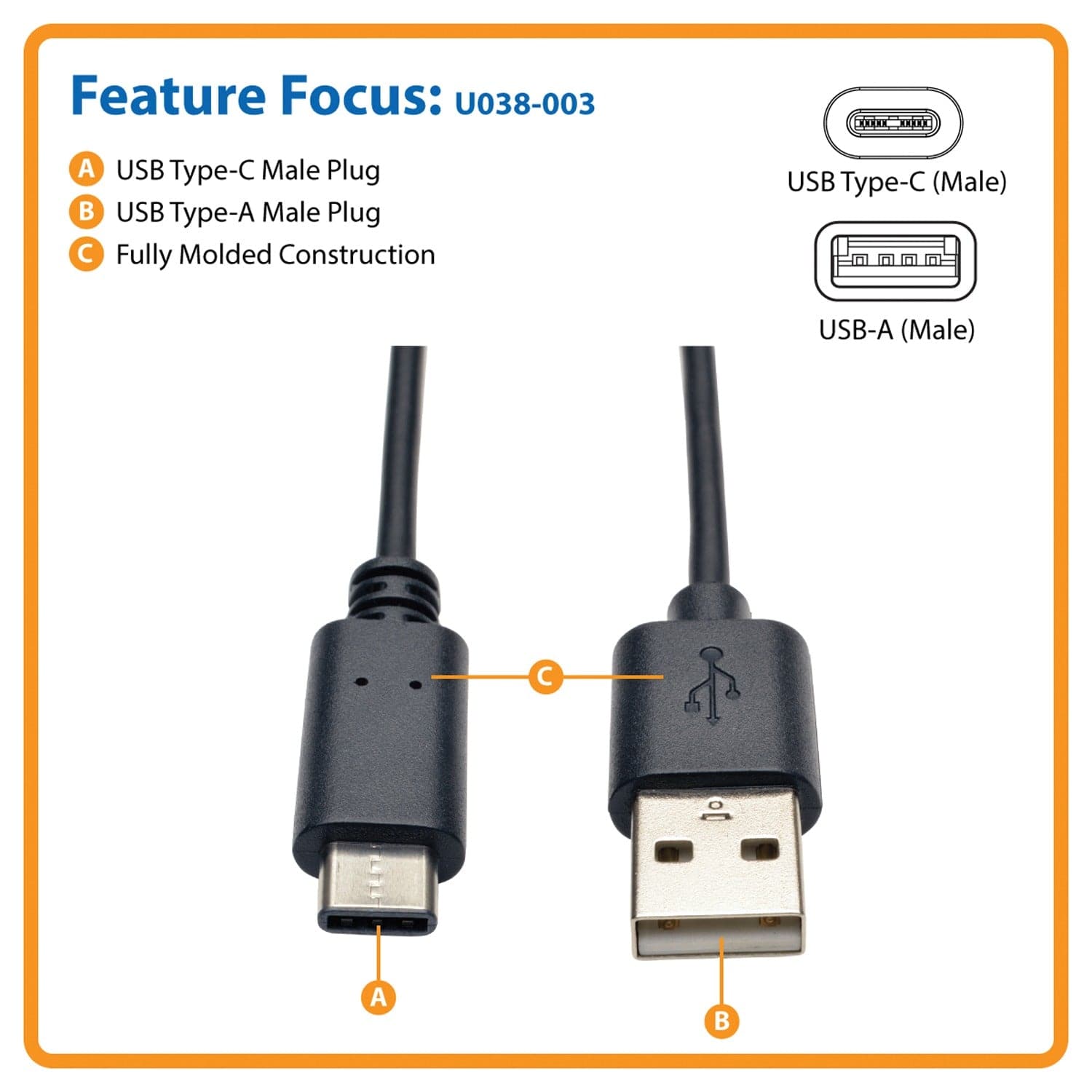 Tripp Lite by Eaton USB 2.0 Cable, USB-C Male/USB-A Male, Black, 3 Ft.