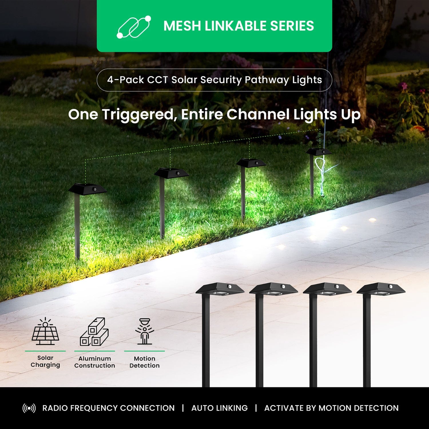 Home Zone Security Mesh-Linkable Solar LED Contemporary-Style Security Pathway Light, 300 Lumens, 4 Pack