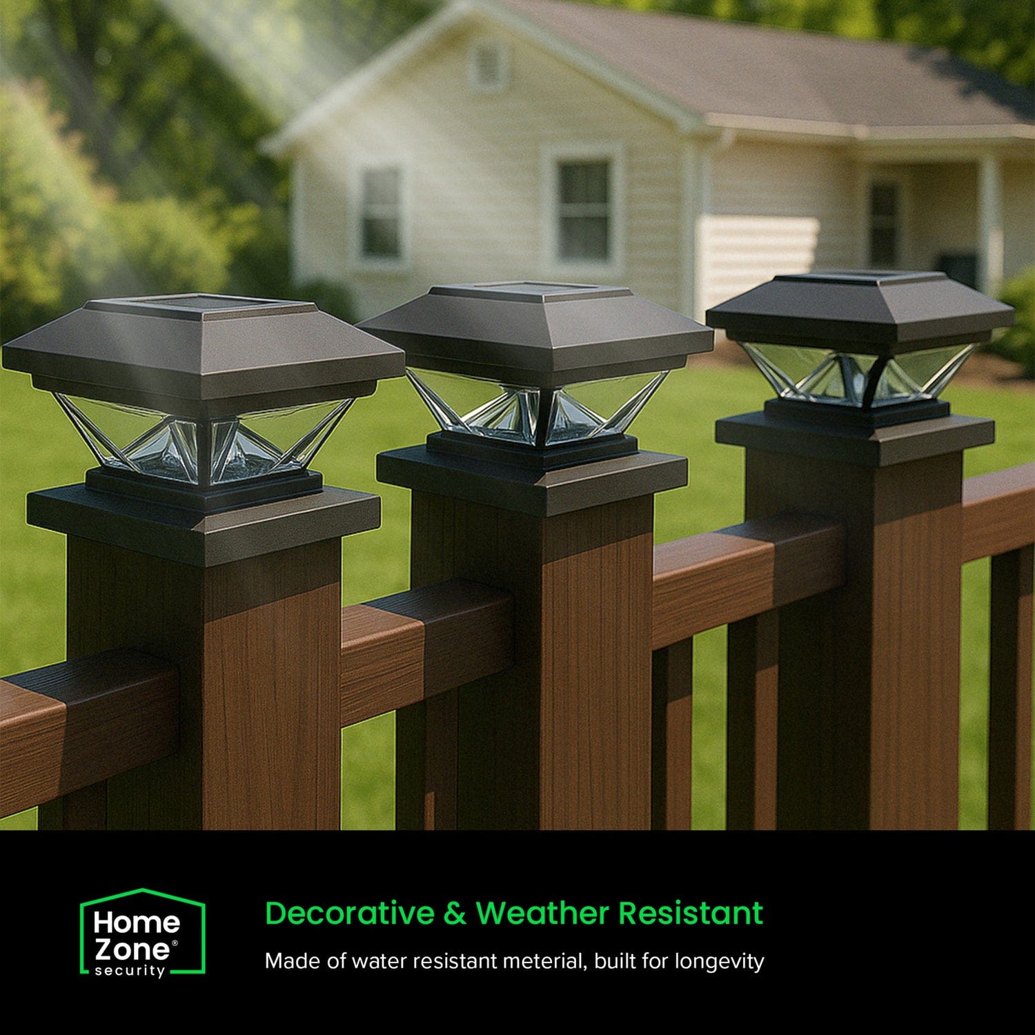 Home Zone Security Crown-Style Solar-Powered LED Post Cap Light with Adjustable Color Temperature, 4 Pack, Black