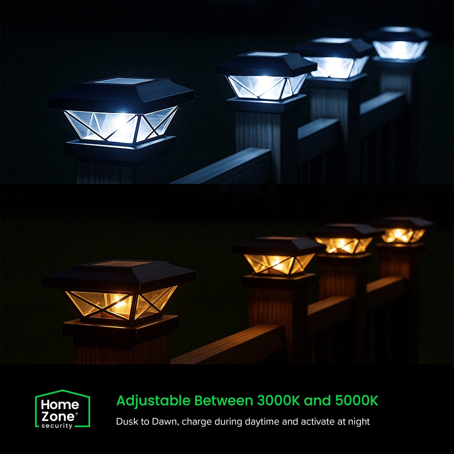 Home Zone Security Crown-Style Solar-Powered LED Post Cap Light with Adjustable Color Temperature, 4 Pack, Black