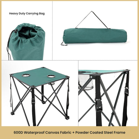 Arrowhead Outdoor Portable Folding Camping Table with 2 Cup-Holders and Carrying Bag, 18.5 In. x 18.5 In., Heavy-Duty 600D Canvas and Steel, Green