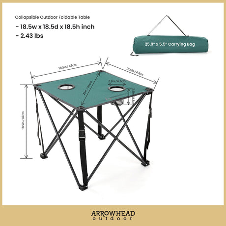 Arrowhead Outdoor Portable Folding Camping Table with 2 Cup-Holders and Carrying Bag, 18.5 In. x 18.5 In., Heavy-Duty 600D Canvas and Steel, Green