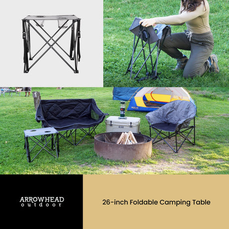 Arrowhead Outdoor Portable Folding Camping Table with 2 Cup-Holders and Carrying Bag, 18.5 In. x 18.5 In., Heavy-Duty 600D Canvas and Steel, Gray
