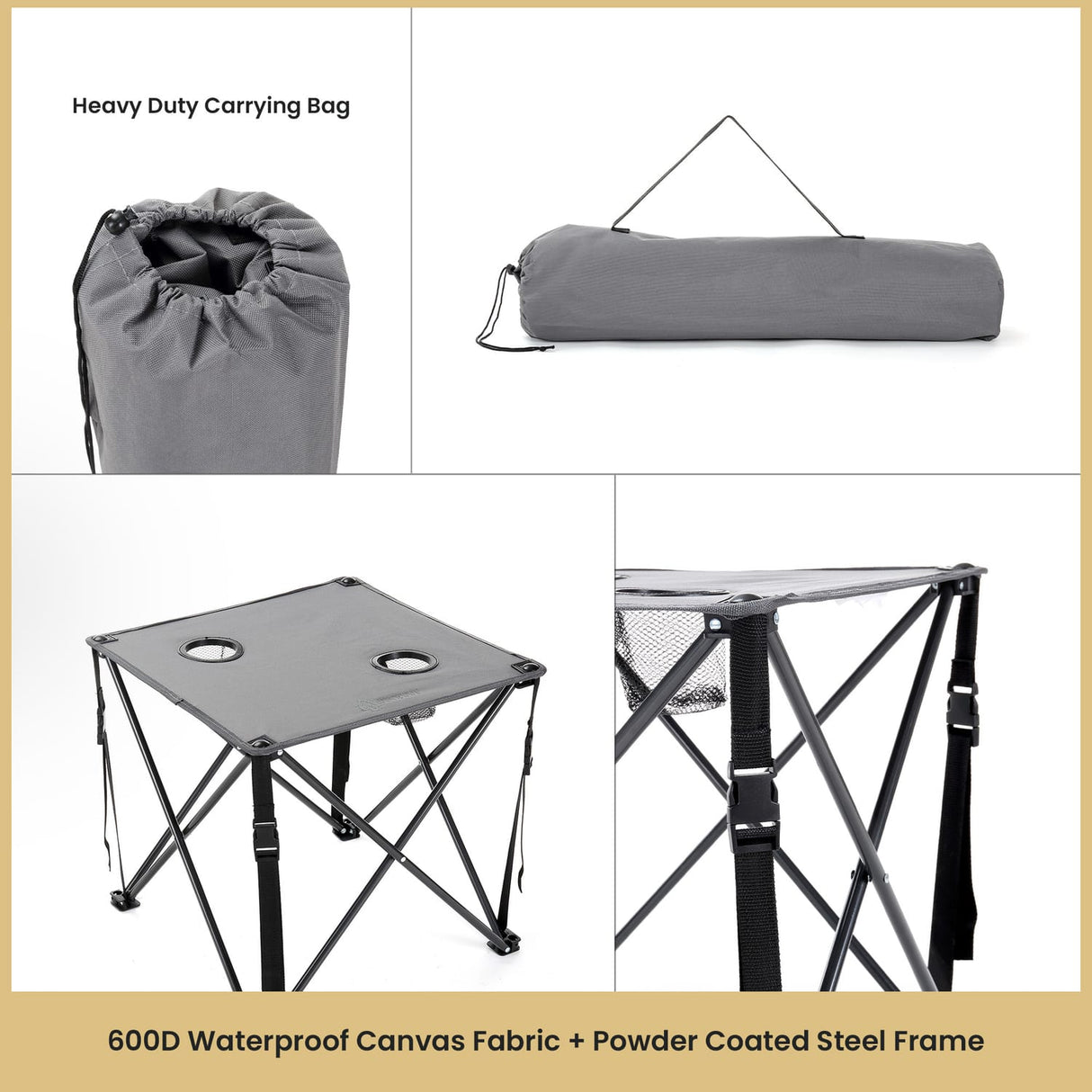 Arrowhead Outdoor Portable Folding Camping Table with 2 Cup-Holders and Carrying Bag, 18.5 In. x 18.5 In., Heavy-Duty 600D Canvas and Steel, Gray