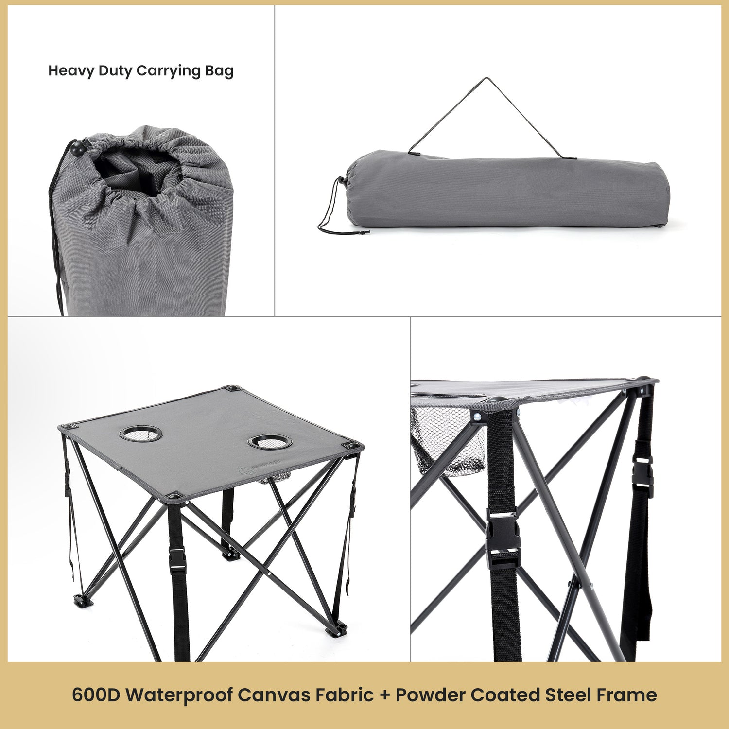 Arrowhead Outdoor Portable Folding Camping Table with 2 Cup-Holders and Carrying Bag, 18.5 In. x 18.5 In., Heavy-Duty 600D Canvas and Steel, Gray