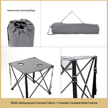 Arrowhead Outdoor Portable Folding Camping Table with 2 Cup-Holders and Carrying Bag, 18.5 In. x 18.5 In., Heavy-Duty 600D Canvas and Steel, Gray