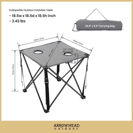 Arrowhead Outdoor Portable Folding Camping Table with 2 Cup-Holders and Carrying Bag, 18.5 In. x 18.5 In., Heavy-Duty 600D Canvas and Steel, Gray