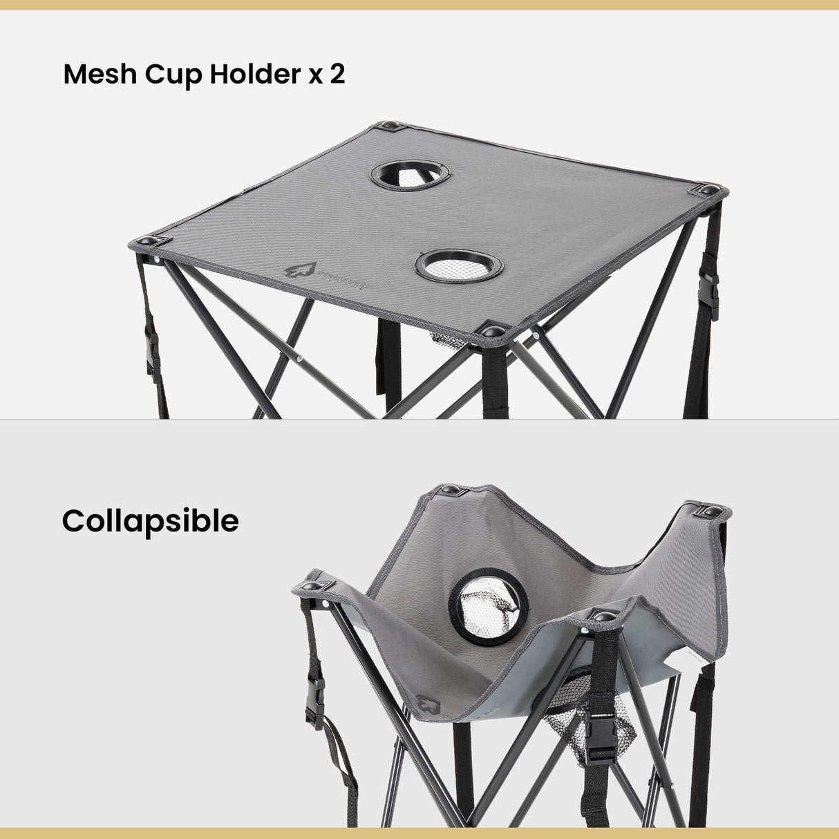 Arrowhead Outdoor Portable Folding Camping Table with 2 Cup-Holders and Carrying Bag, 18.5 In. x 18.5 In., Heavy-Duty 600D Canvas and Steel, Gray