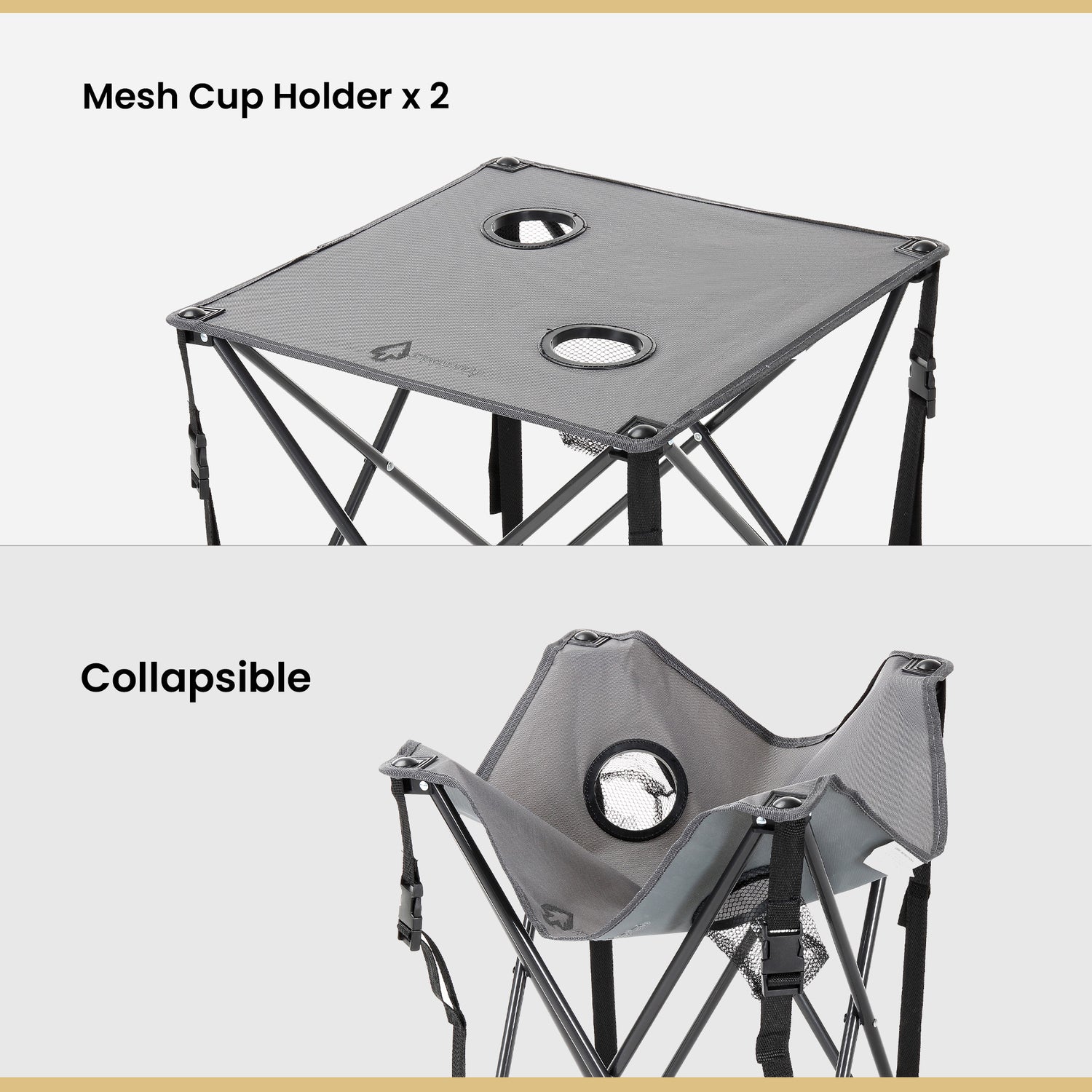 Arrowhead Outdoor Portable Folding Camping Table with 2 Cup-Holders and Carrying Bag, 18.5 In. x 18.5 In., Heavy-Duty 600D Canvas and Steel, Gray
