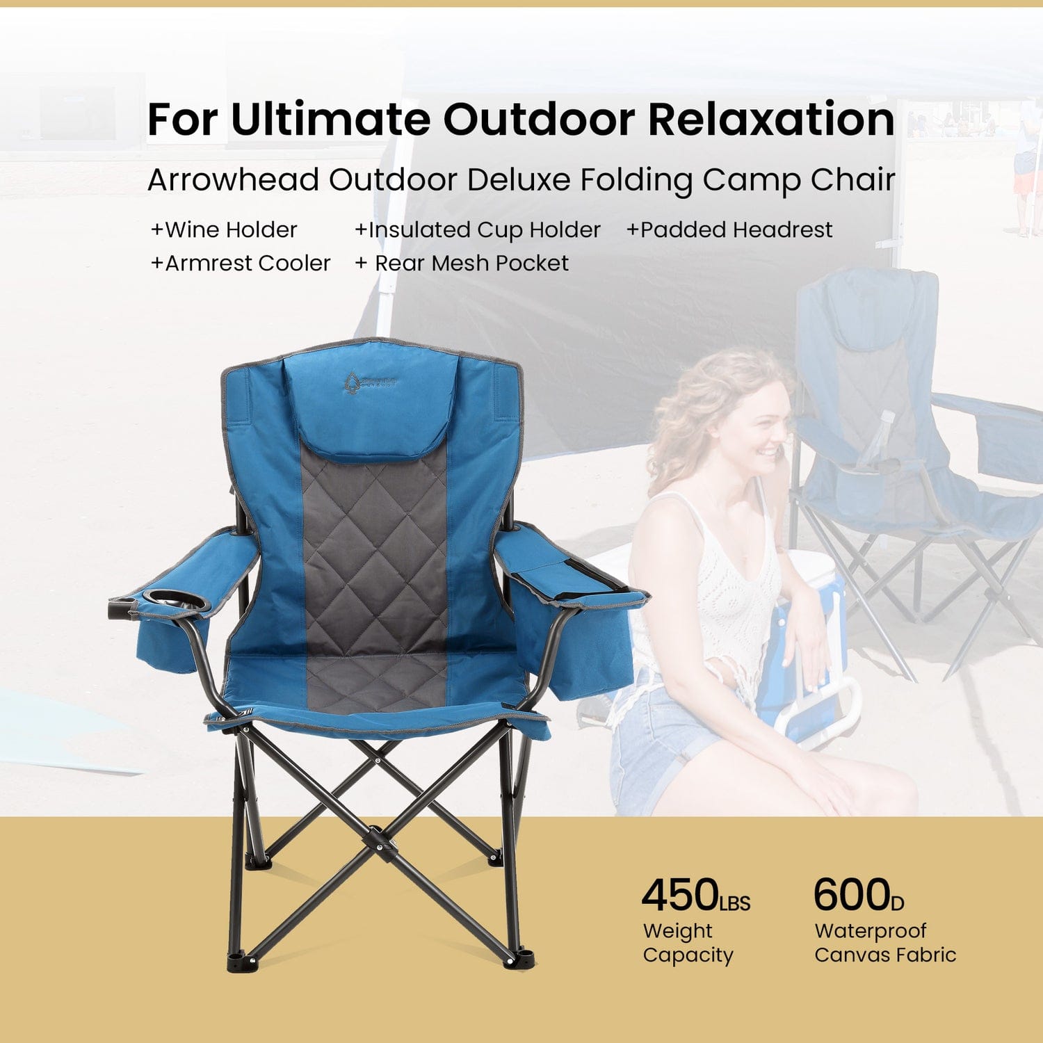 Arrowhead Outdoor Portable Folding Camping Quad Chair with 6-Can Armrest Cooler, Ocean Blue