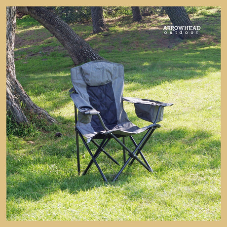 Arrowhead Outdoor Portable Folding Camping Quad Chair with 6-Can Armrest Cooler, Granite Gray