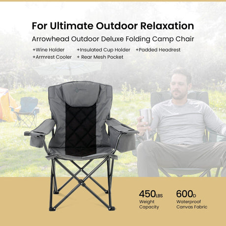 Arrowhead Outdoor Portable Folding Camping Quad Chair with 6-Can Armrest Cooler, Granite Gray