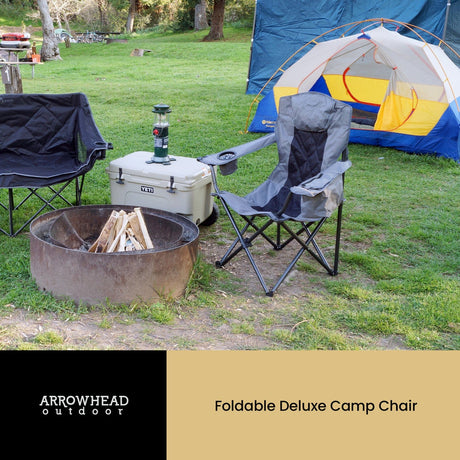 Arrowhead Outdoor Portable Folding Camping Quad Chair with 6-Can Armrest Cooler, Granite Gray