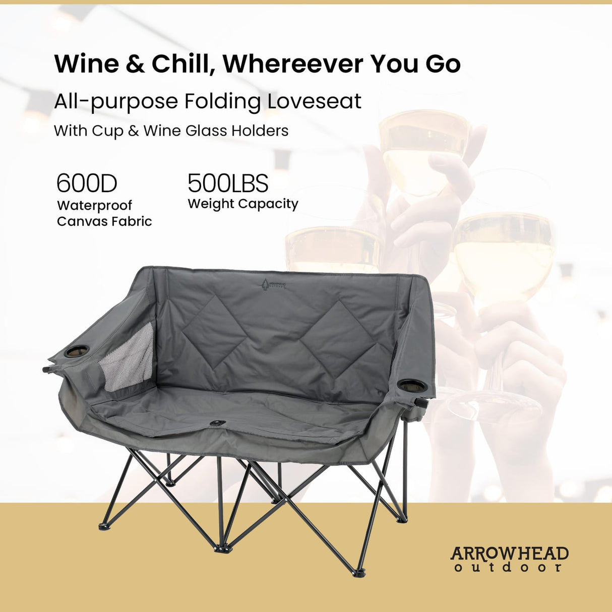 Arrowhead Outdoor Portable Folding Double Duo Camping Chair Loveseat with 2 Cup-Holders, Wine Glass Holder, Carrying Bag, 56 In. x 21 In.