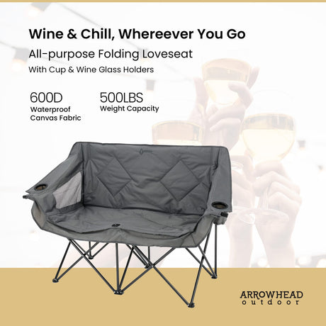 Arrowhead Outdoor Portable Folding Double Duo Camping Chair Loveseat with 2 Cup-Holders, Wine Glass Holder, Carrying Bag, 56 In. x 21 In.