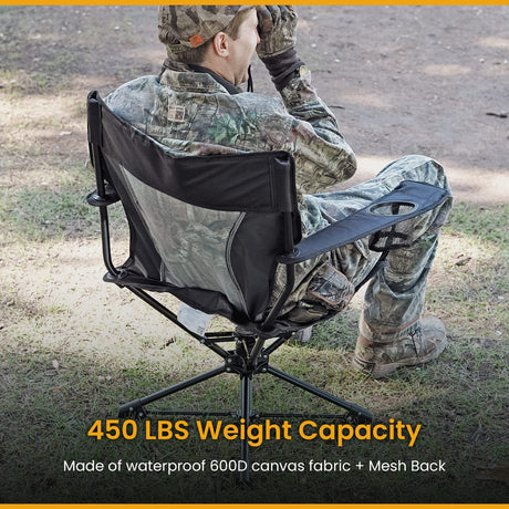 Arrowhead Outdoor Quiet 360°-Swivel Hunting Chair with Armrests, Mesh Cup-Holder, and Carrying Bag, 600D Canvas Fabric with Heavy-Duty Steel Frame