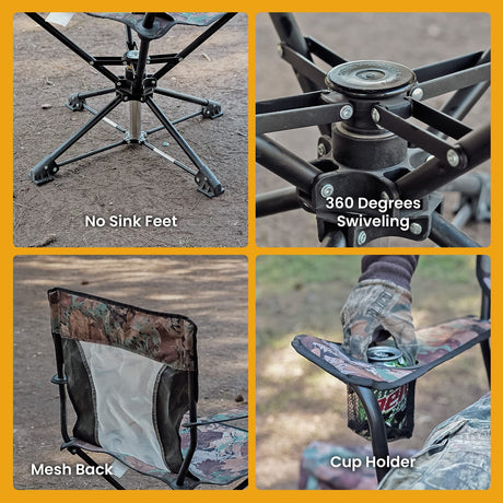 Arrowhead Outdoor Quiet 360°-Swivel Hunting Chair with Armrests, Mesh Cup-Holder, and Carrying Bag, 600D Canvas Fabric with Heavy-Duty Steel Frame