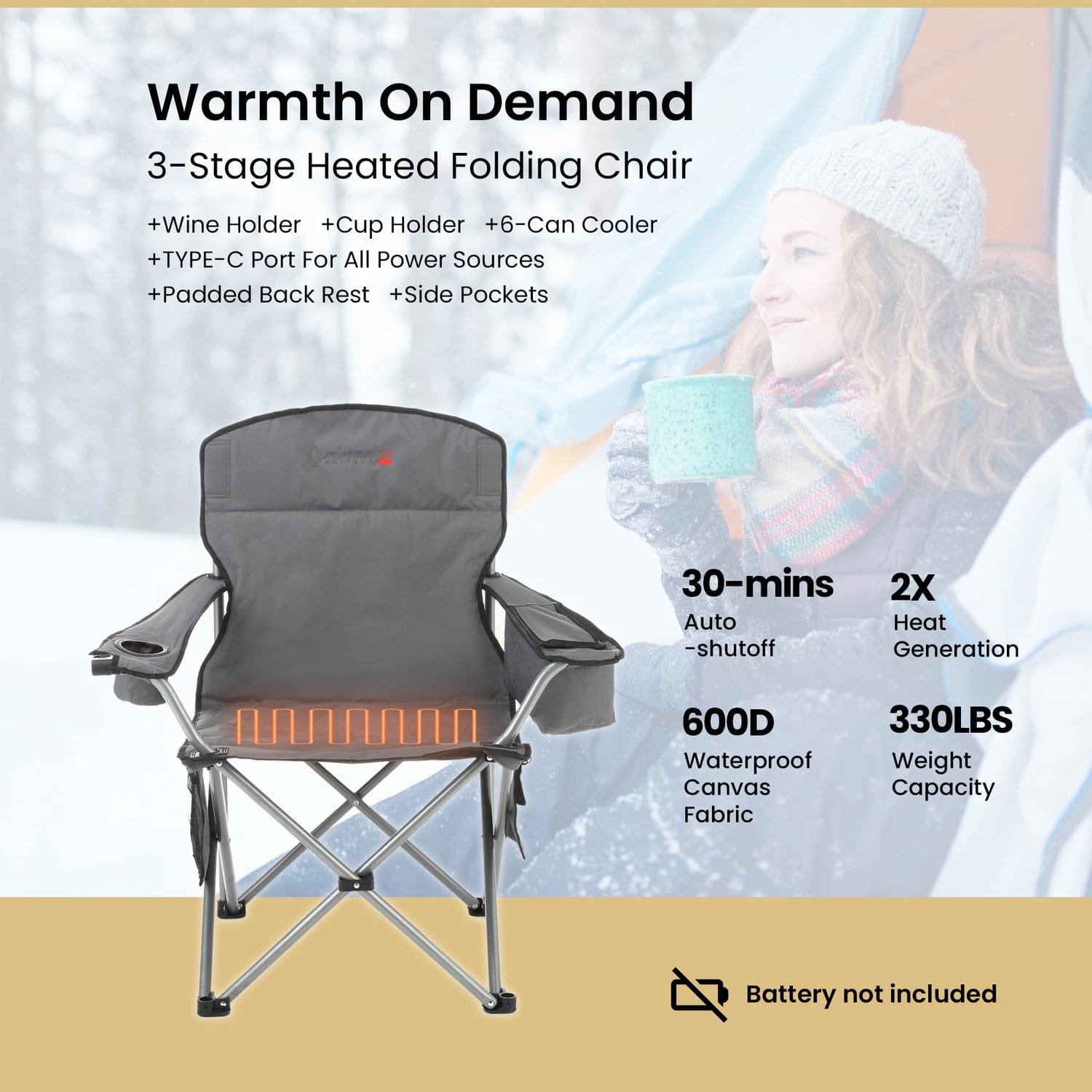 Arrowhead Outdoor Portable Folding USB-Heated Camping Chair with 6-Can Armrest Cooler, Gray