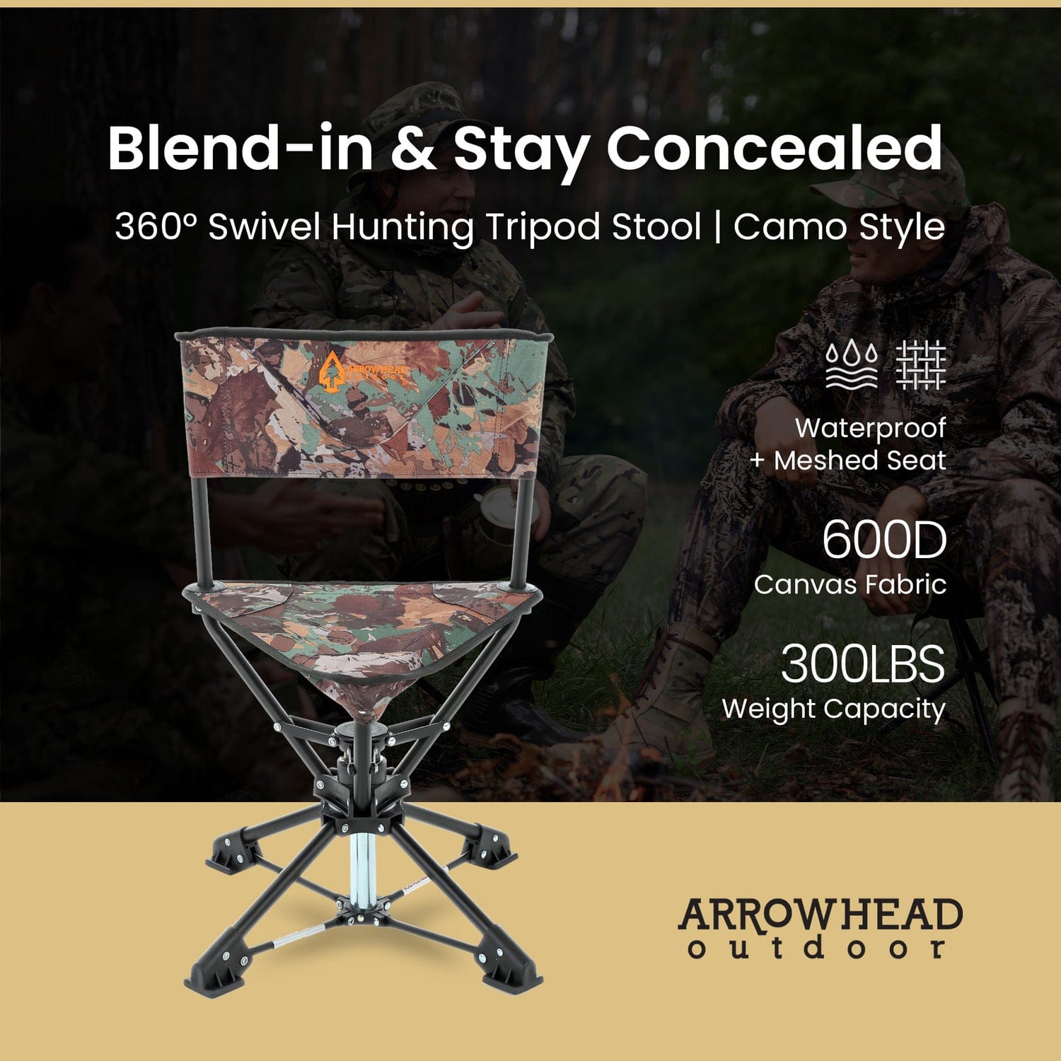 Arrowhead Outdoor 360°-Swiveling Compact Hunting Blind and Fishing Chair Stool Seat, Camouflage