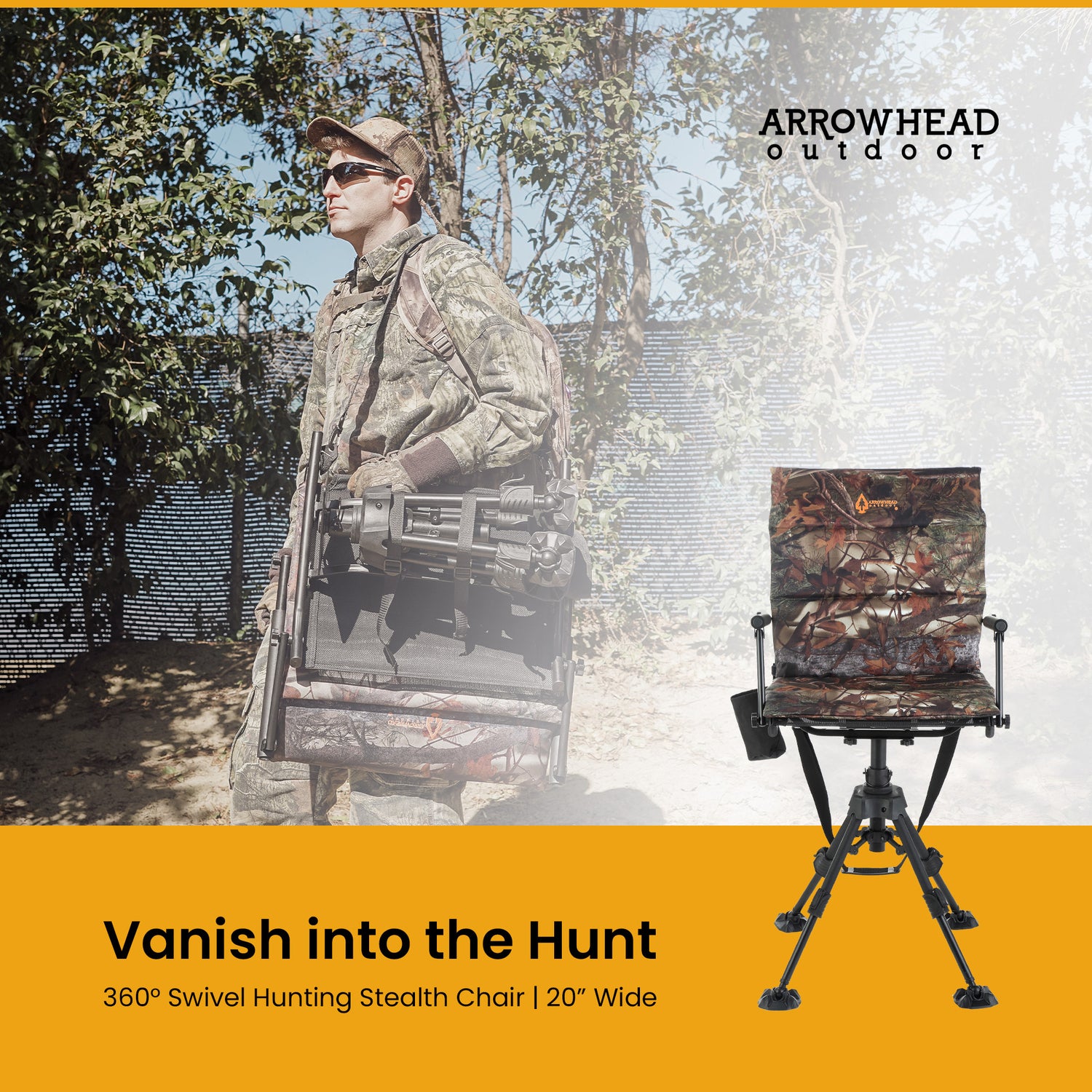 Arrowhead Outdoor Quiet 360°-Swivel Blind Chair with Removable Seat Pad and Armrests, Cup-Holder, and Carrying Bag, Adjustable Height